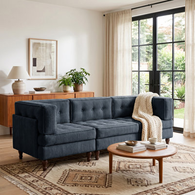 3 - Piece Upholstered Navy Tufted Corduroy Modular Sectional with Pillow Back