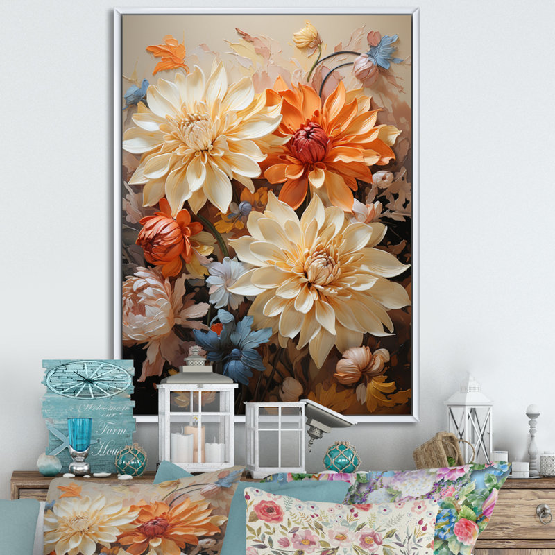 Yaleska Chrysanthemums Autumn Gold Patchwork I, H 44 po x l 34 po x P 1,5 po, Cadre flottant blanc