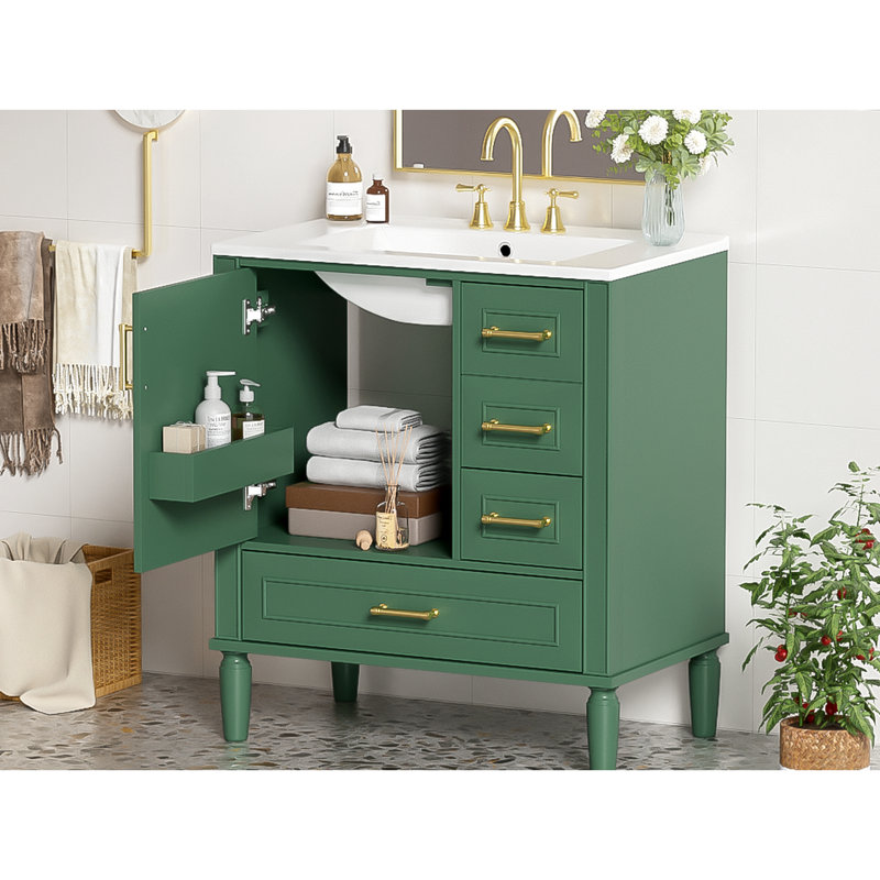 Buffet de salle de bain traditionnel de 76 cm (30 po), portes à fermeture amortie, trois tiroirs, lavabo en céramique, poignées dorées, meuble de salle de bain compact avec petit