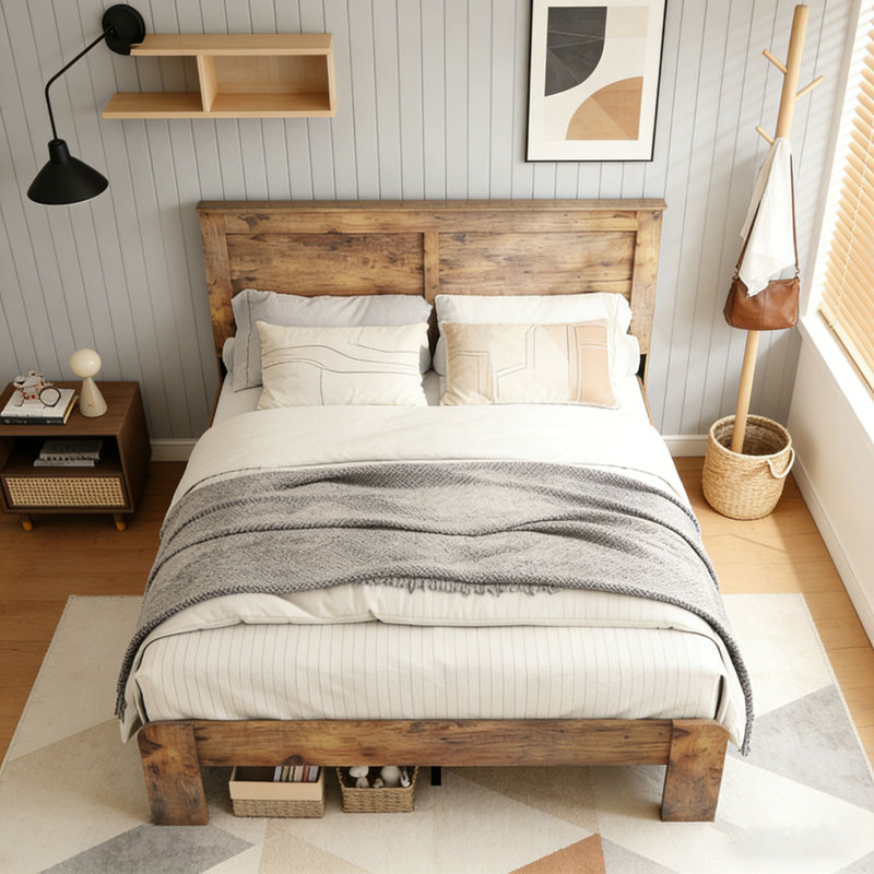 Structure de lit plateforme en bois, sans bruit, sans sommier, Double