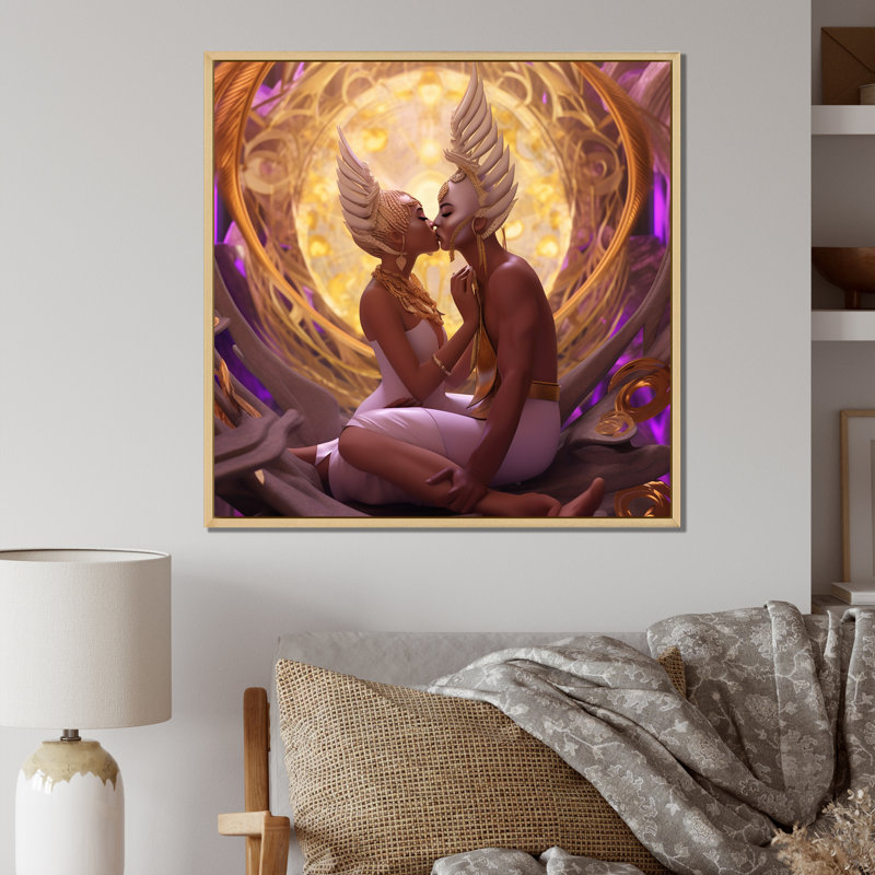«Divine Love Goddess Couple Kissing», reproduction sur toile, H 30 po x l 30 po x P 1 po, Cadre flottant brun