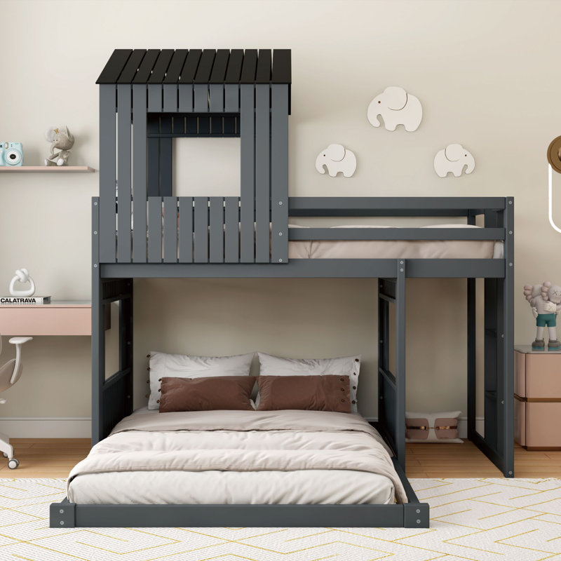 Lit superposé en bois avec maisonnette, gris