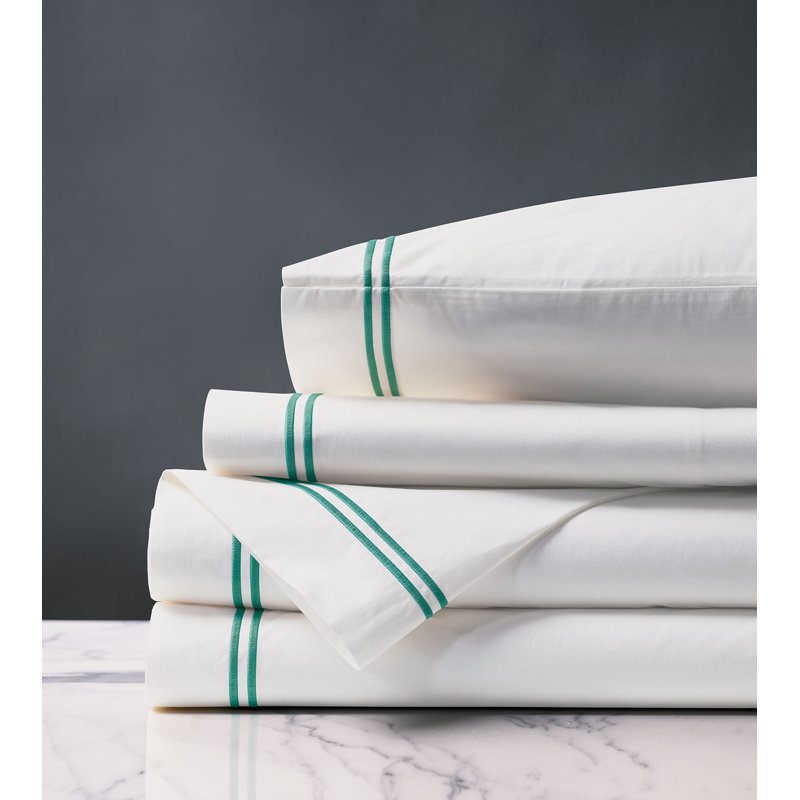 Enzo 100% Cotton Percale Sheet Set, White/Peacock, King Sheet Set + 2 Pillowcases