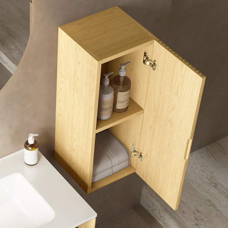 12" Bathroom Cupboard, Oak Finish, Plywood For Bath Organization Wall Cabinet In Oak, Mounted, And Functional With Door Shelf