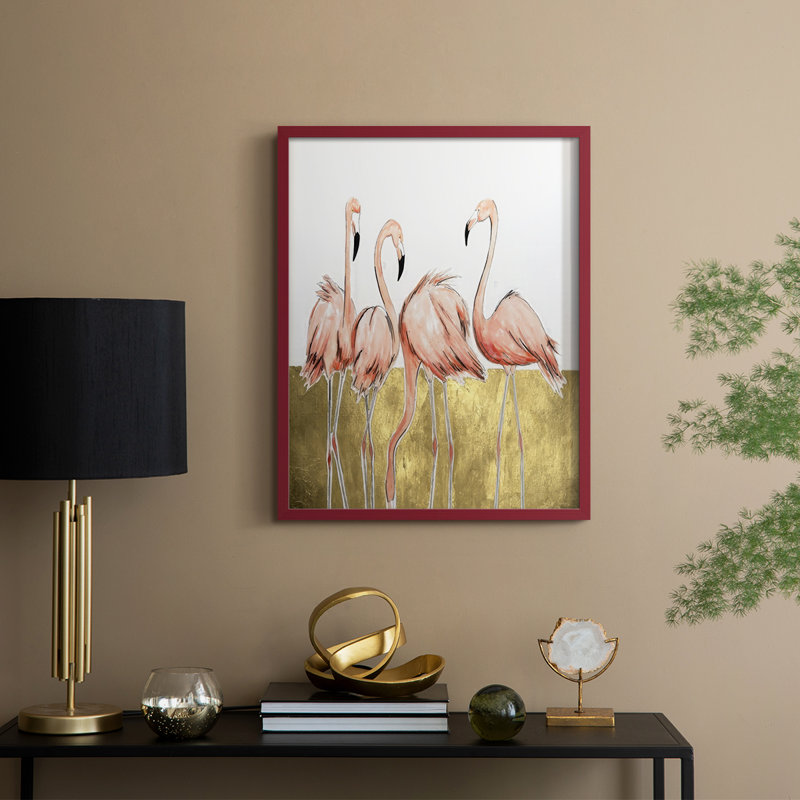 Flamant rose I, reproduction encadrée - bois massif, H 15 po x l 12 po, Rouge