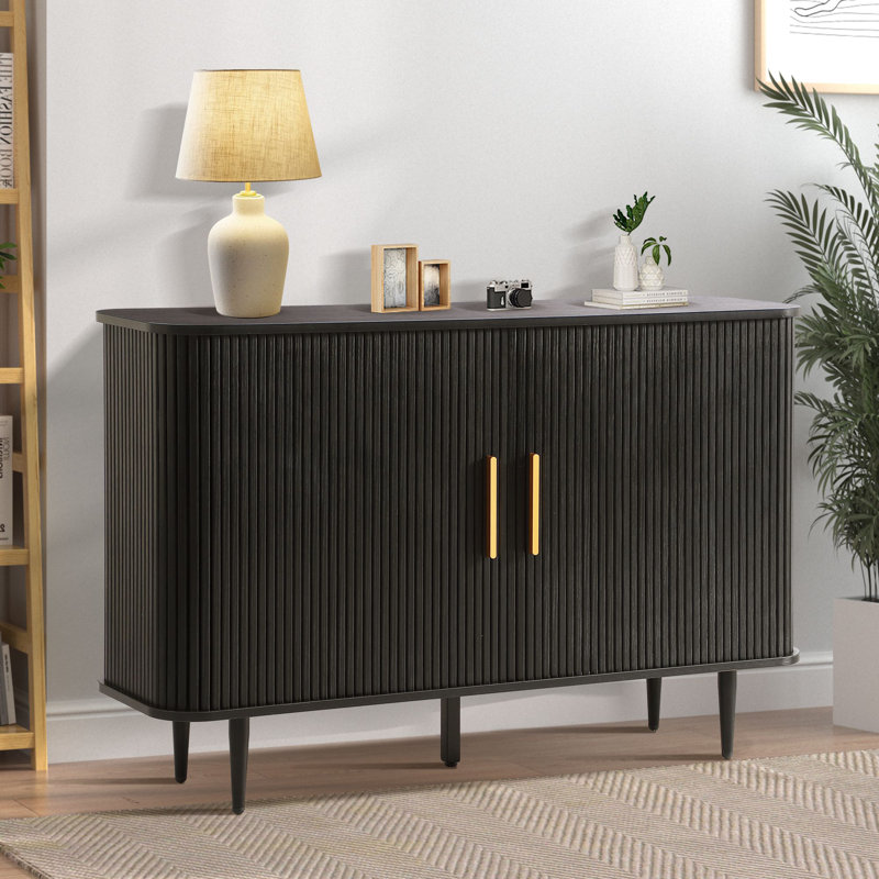 47" Sideboard Buffer Cabinet with Fluted Slide Doors, Tambour Storage Cabinet with Adjustable Shelves, Black