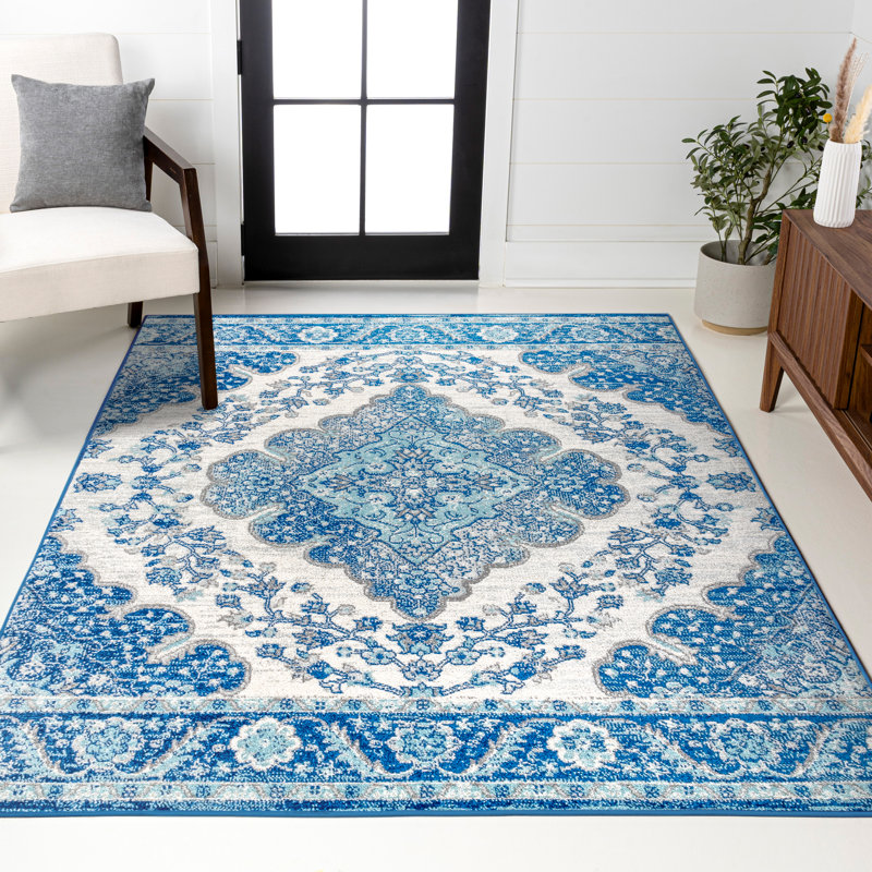 Lathan Bohemian FLAIR Boho Vintage Medallion Cream/Blue Rug, Rectangle 3' x 5'