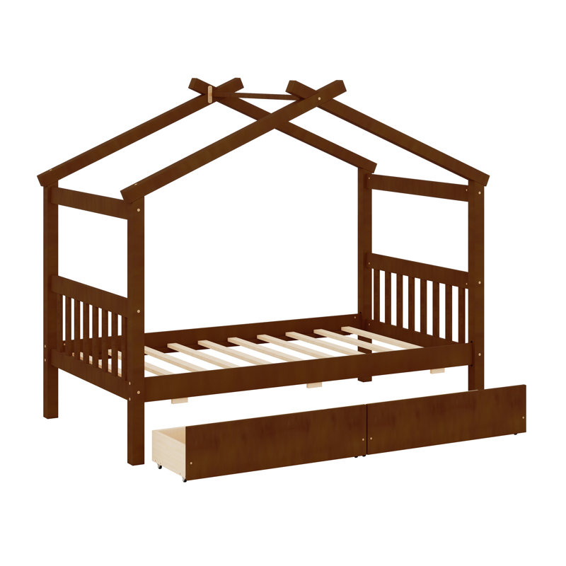 Wooden House Bed With Drawers, Twin, Walnut