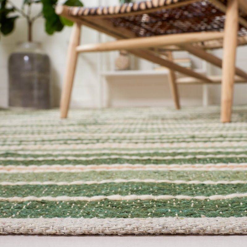 Geissler Hand Woven Jute/Cotton/Wool Striped Rug in Green/Natural, Rectangle 8' x 10'