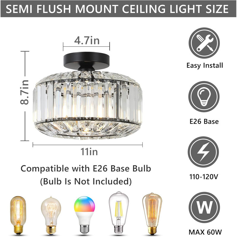 Modern Crystal Semi Flush Mount Ceiling Light Fixture With Shiny Crystal And Metal Frame, UL Listed For Kitchen, Bedroom, Living Room, Bathroom, And Hallway Lighting