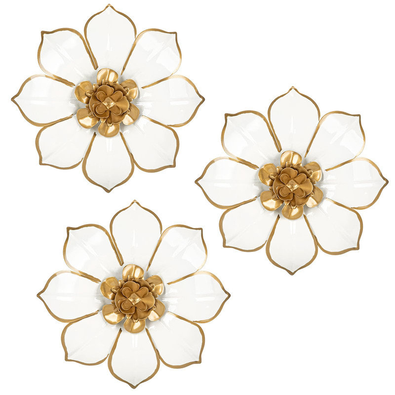 Décoration murale fleurs en métal suspendues 3 pièces, Blanc
