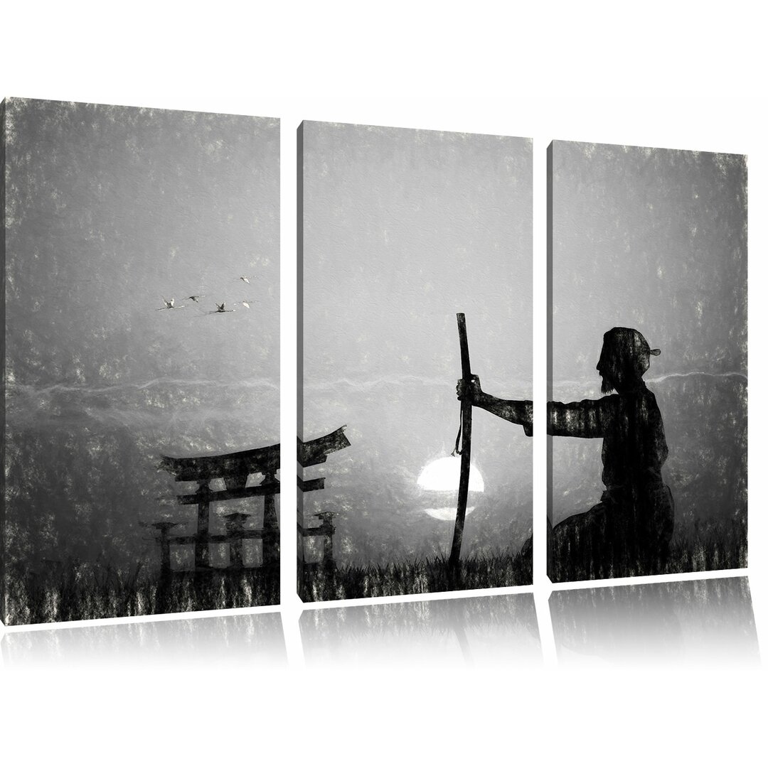 3-tlg. Leinwandbild-Set „Alter Samurai-Meister vor Horizont“, Kunstdruck