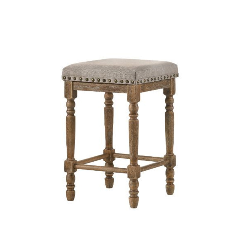 Weathered Oak Backless Counter Height Stool with Beige Upholstered Seat