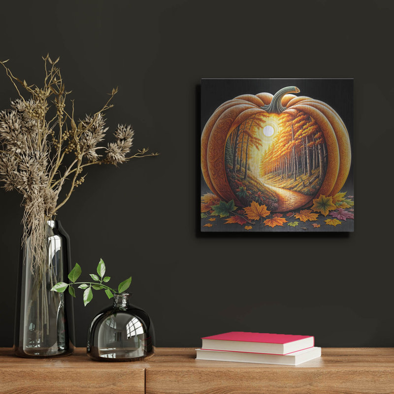  «Fall Landscape Pumpkin 3» par Rey Klimt, art mural en métal, 12 po x 12 po, H 12 po x l 12 po