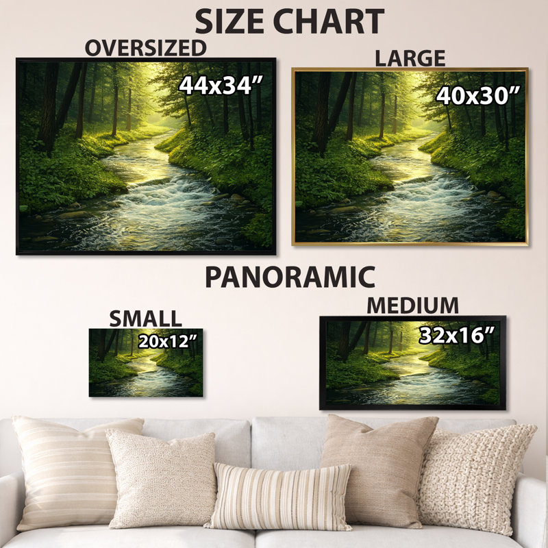 Décoration murale Sunrise Winding Forest River II - Green Woodland, H 16 po x l 32 po, Cadre flottant brun