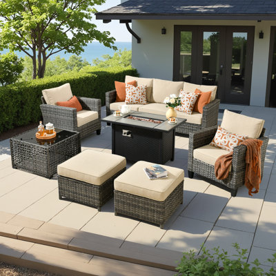 Harbin Wicker/Rattan 7- Person Outdoor Seating Group With Ottoman With Fire Pit Table