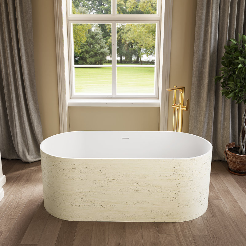 Baignoire autoportante 63 "avec texture de travertin, baignoire de trempage à surface solide, intérieur blanc mat