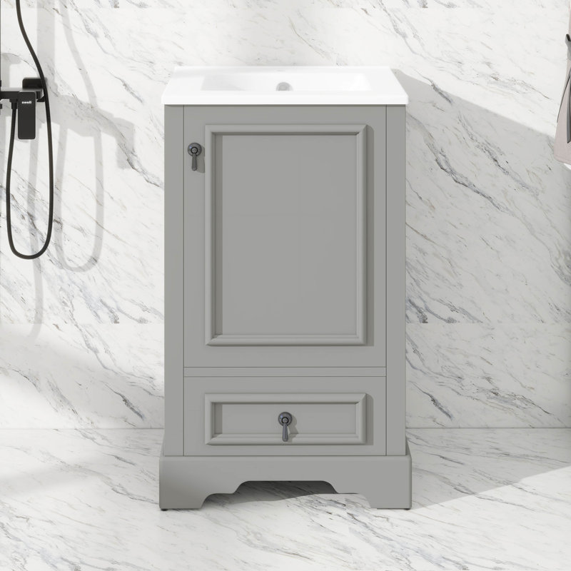 Meuble-lavabo de 20 pouces avec lavabo en céramique, tablette ajustable en U, tiroir à compartiments et porte, Gris
