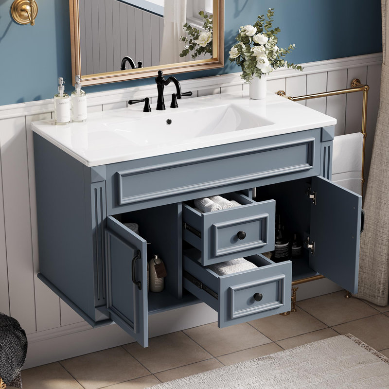 Meuble-lavabo mural 36 po avec évier, 2 tiroirs et portes à fermeture douce, Bleu
