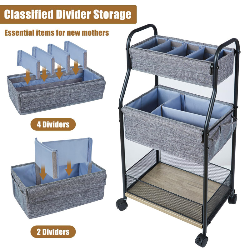 3-Tier Baby Diaper Caddy Organizer And Storage Cart With 4+2 Dividers, Mobile Metal Utility Cart With Rolling Wheels, Large Capacity Rolling Cart