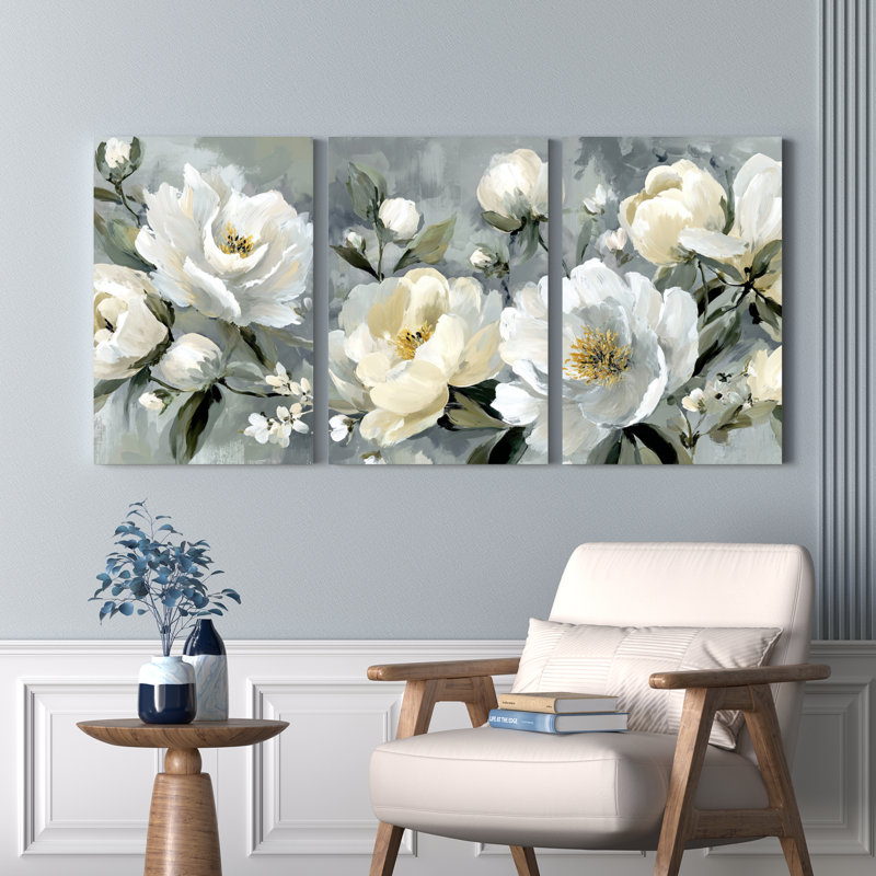 Ensemble de 3 tableaux muraux sur toile tendue représentant des pivoines blanches, pour la décoration du salon et de la chambre à coucher.