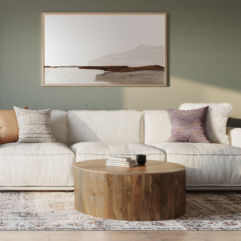 Millbury 36"W Solid Mango Wood Contemporary Round Drum Coffee Table, Fully Assembled, Natural