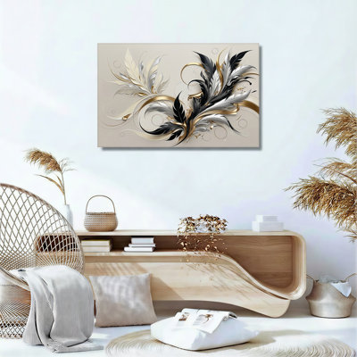 Abstract Black Silver and Gold Feather Swirl Canvas Wall Art