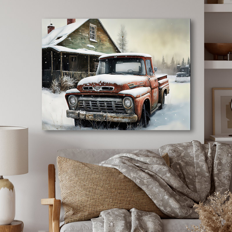 «Old Truck at the Barn in Winter II», reproduction sur toile, H 12 po x l 20 po x P 1 po, Cadre flottant noir