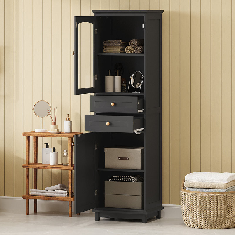 Tall Bathroom Storage Cabinet with Glass Doors Two Drawers and Adjustable Shelves, Black