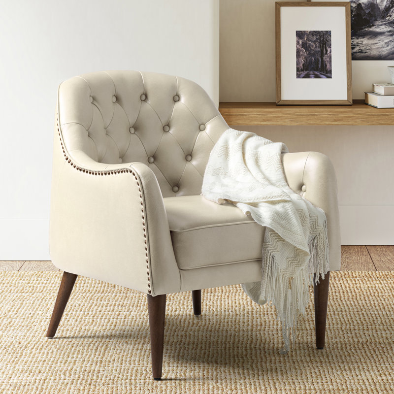 Rhinehart 28.5" Wide Genuine Leather Barrel Chair, Beige Genuine Leather