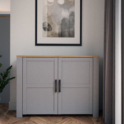 Farmhouse style cupboard with 2 doors, living room, bedroom, engineered wood, grey/warm oak decor, 116.4 cm W x 87 cm H x 42 cm D
