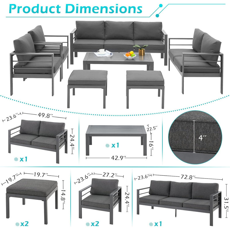 Charlsa 9 - Person Patio Conversation Set with Cushions, Dark Gray Cushion/Black Frame