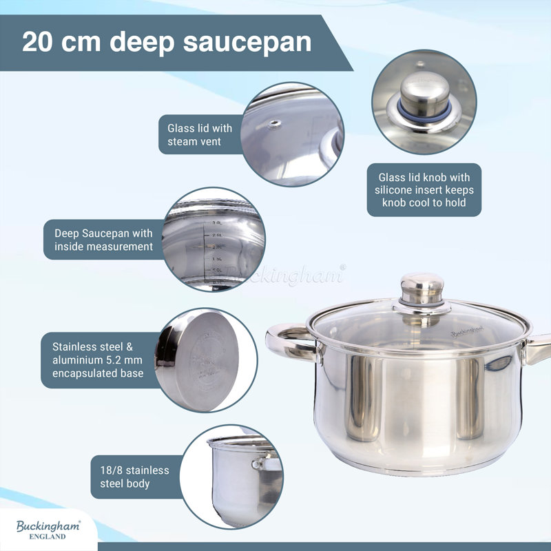 Buckingham Stainless Steel Deep Saucepan with Glass Lid Induction Compatible 20 cm 3.8 Litres  