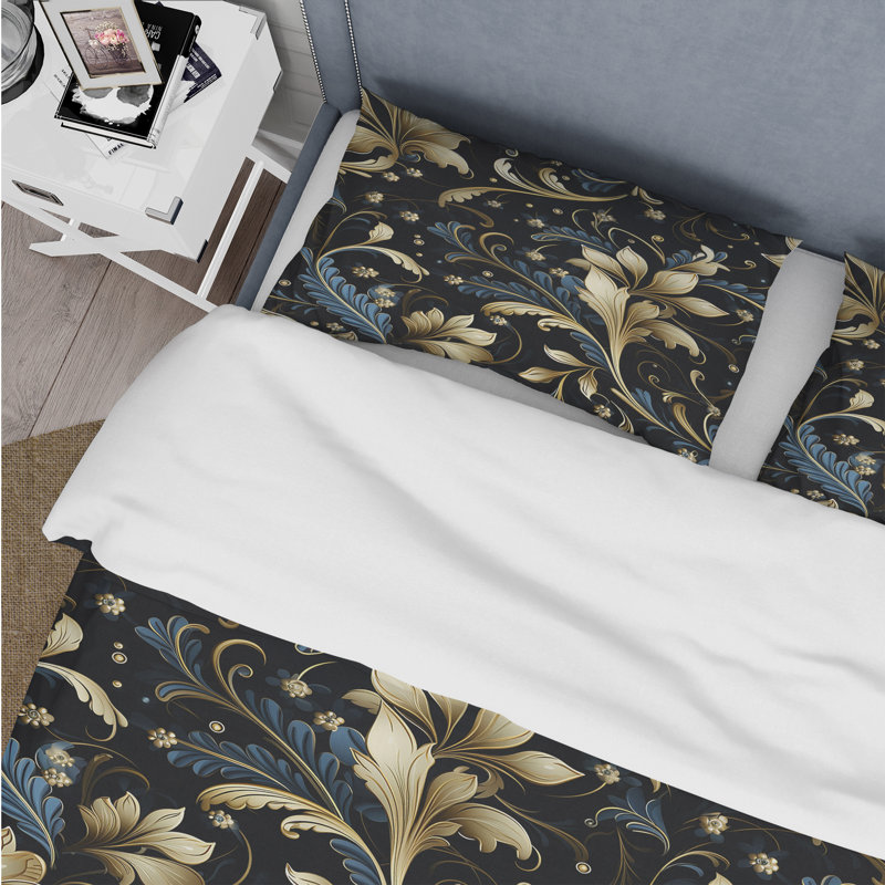 Ensemble de housse de couette damassé or et bleu, Housse de couette pour très grand lit et 2 très