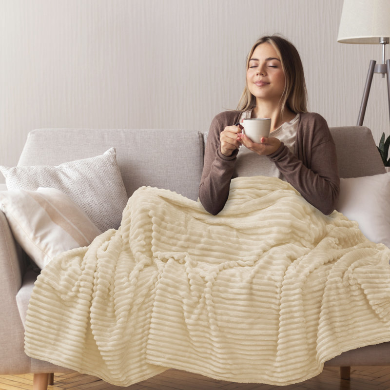 Cream Beige Twin Reversible Fleece Throw Blanket