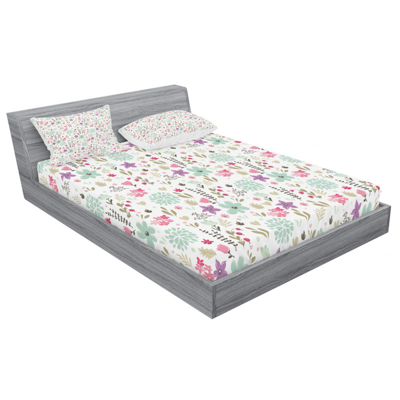 Microfiber Floral Sheet Set, Queen Sheet Set + Fitted Sheet + 2 Pillowcases, Beige/Green/Red Floral