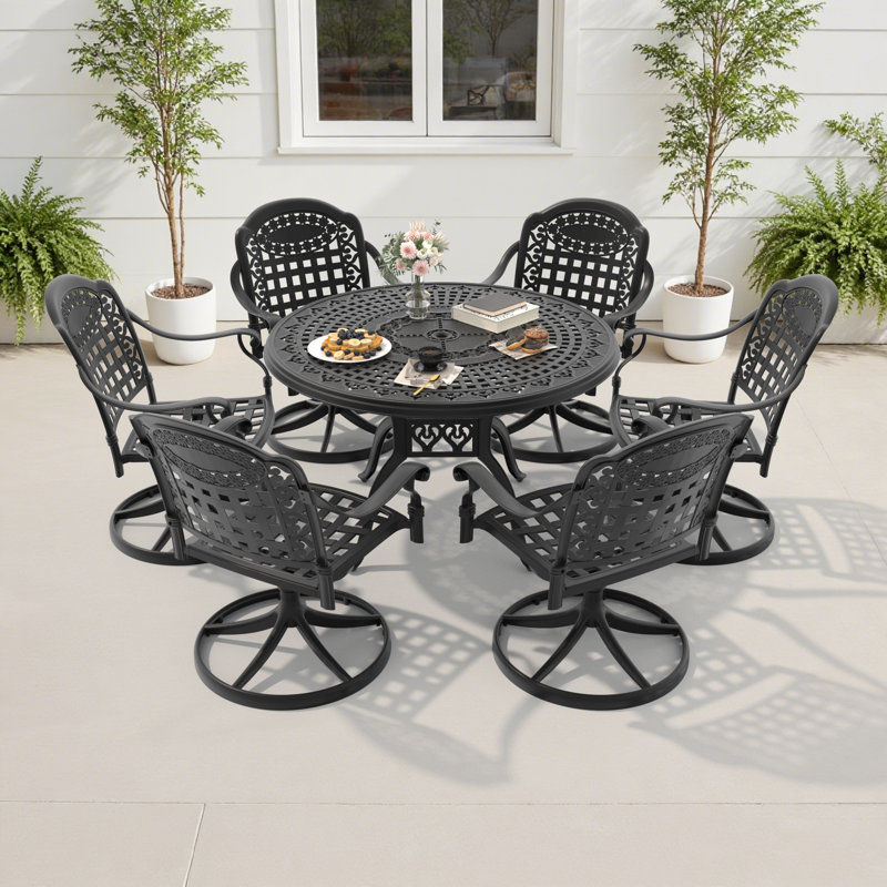 Ensemble de salle à manger d'extérieur rond 7 pièces de 120 cm (47,24 po) avec trou pour parasol, 6 chaises pivotantes, coussins bleus