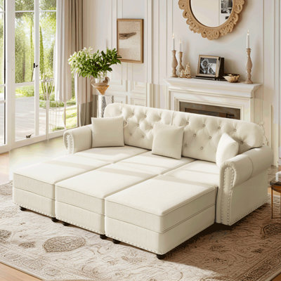 Mid-Century Modern 82.6"Velvet Upholstered Sofa With Nailhead Trim And Button Tufted, Modern Chesterfield Sofa With 2 Pillows And 3 Ottomans