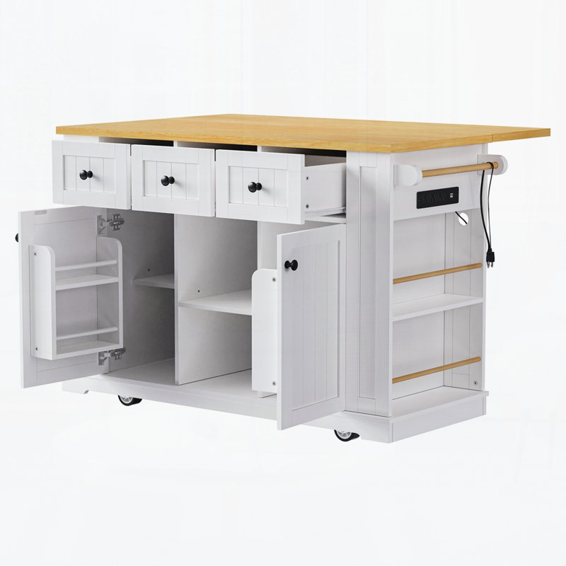 53Inch Large Kitchen Island With 2 Bar Stools, Power Outlet,Door Internal Storage Rack, Kitchen Storage Cart On 5 Wheels With Drop Leaf, 5 Open Side Racks, 3 Drawers