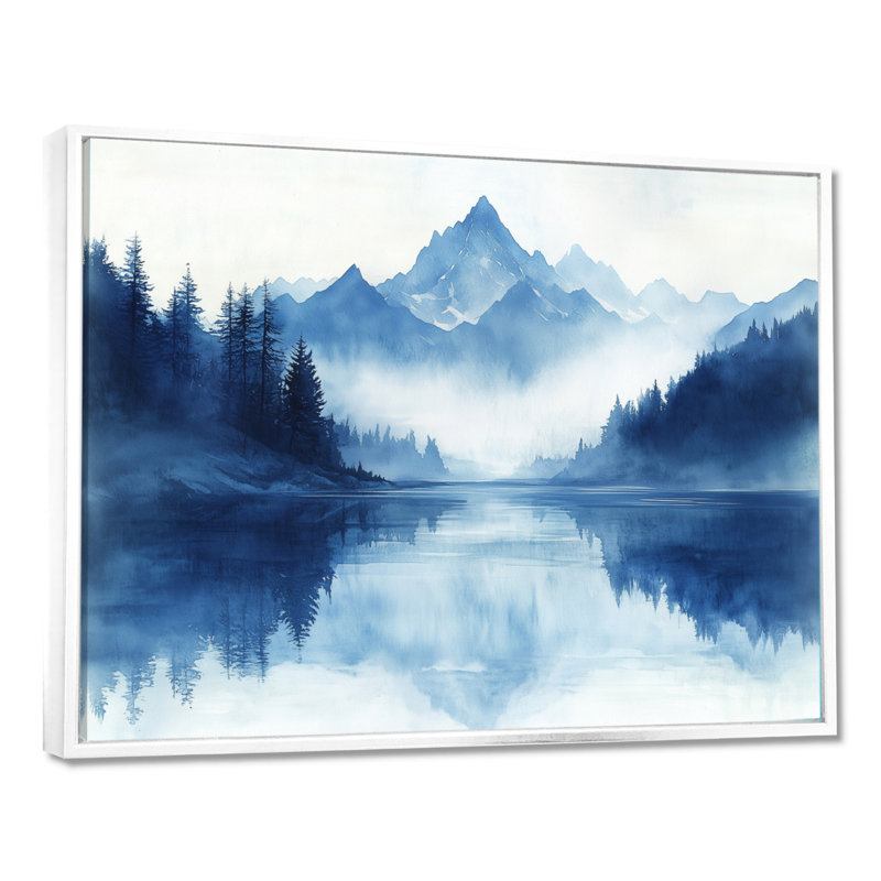 Mountain River Mist I - Blue Landscape, art mural, H 12 po x l 20 po, Cadre flottant blanc