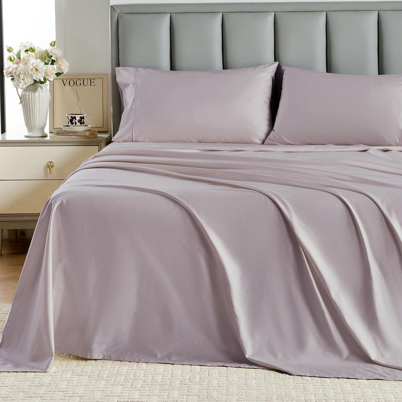 Ensemble de draps 100% coton 400 fils, Ensemble de draps pour grand lit avec 2 taies d'or, Gris lavande