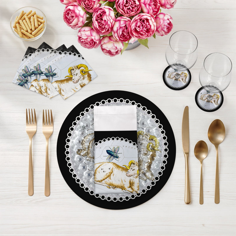 Zodiac Aries Vegan Leather Round Pebble Placemat, Black