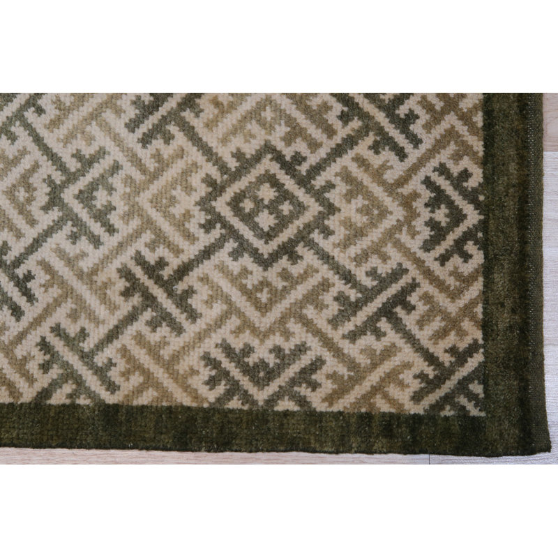 Black Hand-Knotted Wool Linked Diamonds Geometric Modern Contemporary Carpet Rug, 8' x 10'