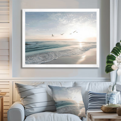 «White and Blue Coastal Oceans Pulse Paradise», art mural sur toile plage, encadré blanc bord de mer