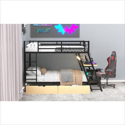 Lit superposé pleine grandeur de petite chambre à coucher, structure en bois de métal noir avec bureau intégré, tiroirs et éclairage intégré