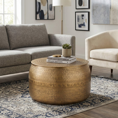 Hammered Metal Coffee Table with Storage, Copper and Brass Antique Finishes, Handcrafted Round Metal Accent Table – 26" Wide   