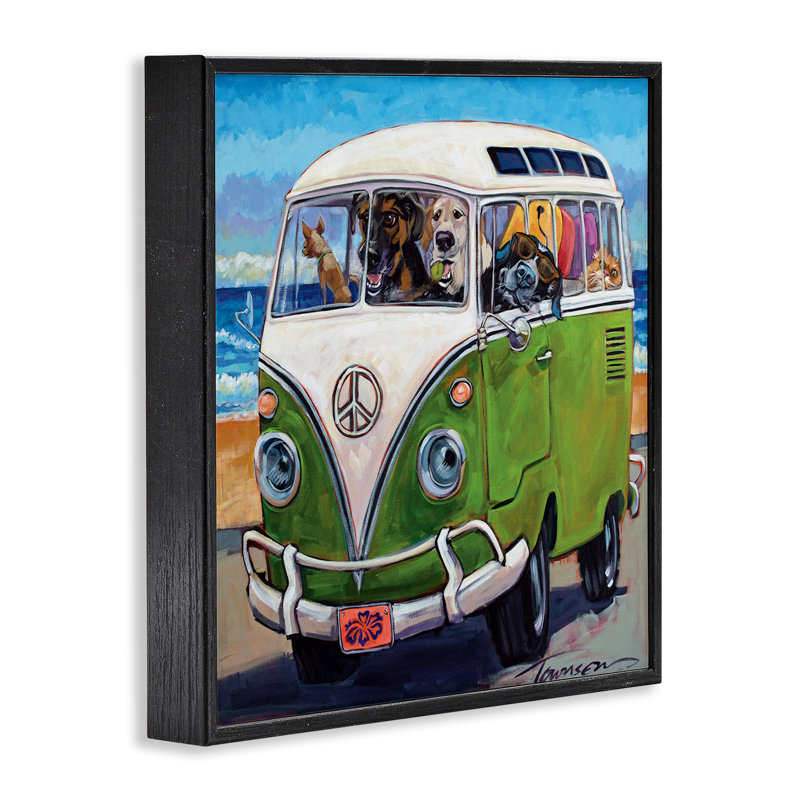 Chiens au volant d'une camionnette rétro à la plage, H 12 po x l 12 po, Giclée encadrée noir minuit