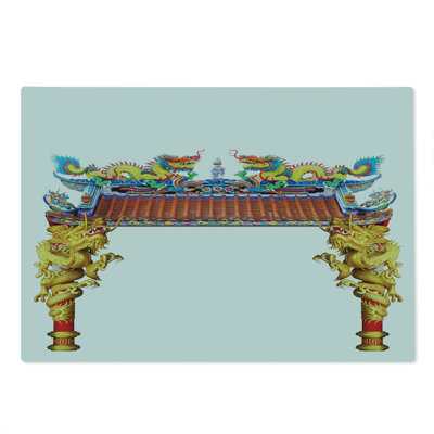 Ambesonne Dragon Cutting Board Large Size Eastern Building and Dragon Yellow Blue and Red
