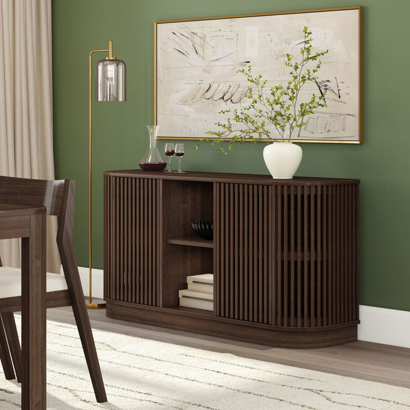 Contour 59" Curved Sideboard/TV Stand with Slat Doors and Open Shelf, Walnut