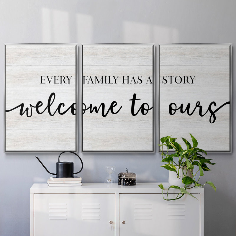 «Family Story», peinture sur toile 3 pièces, H 40 po x l 78 po, Encadrement argenté